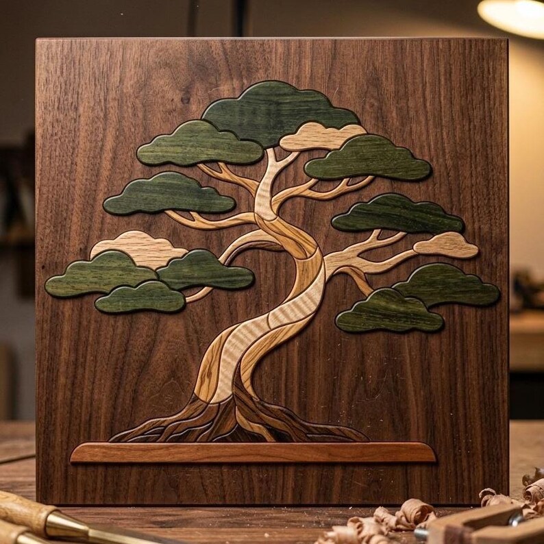 May include: A square wooden wall art piece featuring an intricate marquetry design of a bonsai tree. The tree is crafted from various wood tones, including dark green foliage, light tan branches, and a dark brown trunk set against a walnut background.