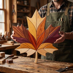 Pode incluir: Uma grande tábua de madeira em forma de folha de bordo construída a partir de múltiplos segmentos de madeira em vários tons naturais, incluindo creme claro, amarelo dourado, laranja quente, castanho avermelhado profundo e roxo escuro, com acabamento liso.