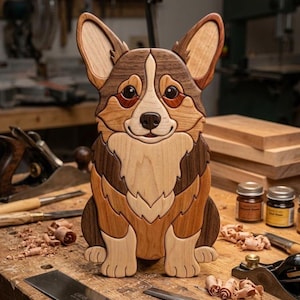 Könnte beinhalten: Ein handgefertigtes Wandkunstobjekt aus Holz in Form eines Corgi-Hundes. Das Design besteht aus verschiedenen natürlichen Holztönen, darunter helles Creme, mittleres Braun und Dunkelbraun, die zusammengesetzt die Gesichtszüge und das Fellmuster bilden.