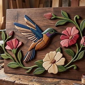 Peut inclure: Une œuvre d'art murale en bois représentant un colibri et des fleurs. Le colibri a des ailes bleues, marron et orange, avec une tête verte et violette. Les fleurs sont roses et crème, avec des feuilles vertes, sur fond de bois foncé.