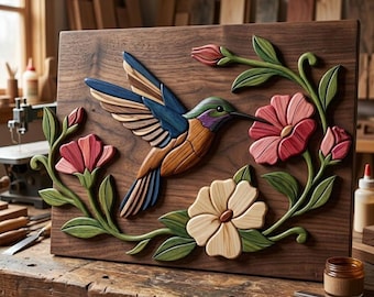May include: A wooden wall art piece featuring a multi-colored hummingbird in flight surrounded by carved flowers and leaves. The bird has blue, purple, and orange tones, while the flowers are shades of pink and cream on a dark wood board.