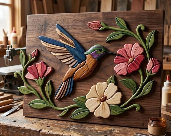 Hummingbird Intarsia Pattern PDF | Floral Scroll Saw Woodworking Plan | DIY Wooden Bird Wall Art Template