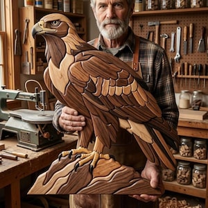 May include: A handcrafted wooden eagle sculpture featuring intricate layers of light and dark wood grain. The bird is depicted in a perched position with detailed feathers, a sharp beak, and curved talons resting on a textured wooden base.