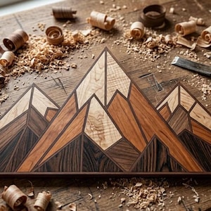 Mountain Intarsia Woodworking Pattern | Geometric Mountain Wall Art | DIY Wood Inlay Template | Rustic Cabin Decor Plan