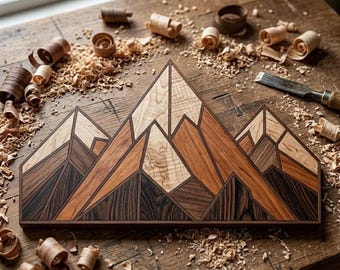 Mountain Intarsia Woodworking Pattern | Geometric Mountain Wall Art | DIY Wood Inlay Template | Rustic Cabin Decor Plan