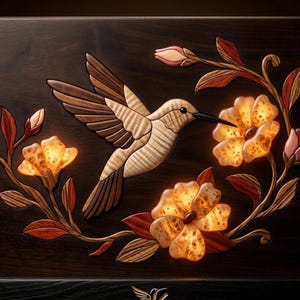 May include: A rectangular wooden wall art piece featuring an inlaid hummingbird in flight, crafted from light and dark wood veneers. The bird is surrounded by illuminated floral elements with glowing petals, set against a dark brown wood background.
