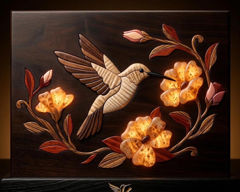 May include: A rectangular wooden wall art piece featuring an inlaid hummingbird in flight, crafted from light and dark wood veneers. The bird is surrounded by illuminated floral elements with glowing petals, set against a dark brown wood background.