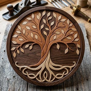 Könnte beinhalten: Ein kreisförmiges Wandkunstobjekt aus Holz mit einem mehrschichtigen Lebensbaum-Motiv. Das Kunstwerk besteht aus kontrastierenden hellen und dunklen Holztönen und zeigt detailliert geschnitzte Äste, Blätter und verschlungene Wurzeln.
