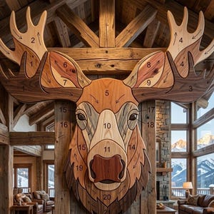 Puede incluir: Una gran obra de arte mural con forma de cabeza de alce de madera. La obra de arte está construida con varios tonos de madera, creando un efecto de mosaico. Las astas son de color marrón claro, mientras que la cara y la cabeza presentan madera más oscura.