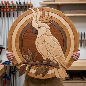 Puede incluir: Una pieza de arte mural circular de madera con un intrincado diseño de marquetería de una cacatúa posada en una rama. La obra está compuesta por varios tonos de madera, incluyendo crema claro, marrón medio y marrón oscuro, en círculos concéntricos.