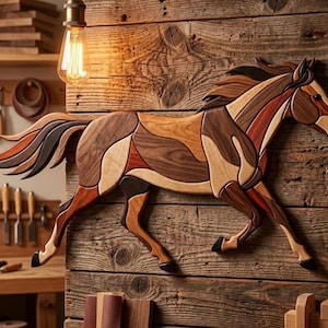 Pode incluir: Uma escultura de parede de um cavalo feita de vários tons de madeira natural, apresentando uma pose de corrida dinâmica com crina e cauda fluidas. A peça é composta por segmentos de madeira interligados em tons de castanho claro, médio e escuro.