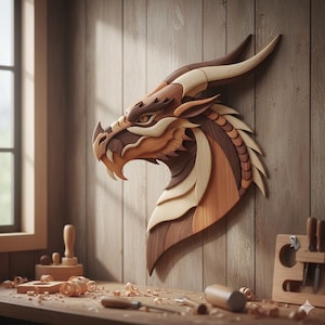 Może przedstawiać: Drewniana rzeźba głowy smoka, zamontowana na drewnianej ścianie. Smok wykonany jest z różnych odcieni drewna, od jasnobrązowego do ciemnobrązowego. Rzeźba posiada rogi, łuski i groźny wyraz twarzy. Tło obejmuje okno i narzędzia stolarskie.