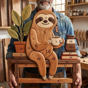 Op de afbeelding: Een houten puzzel met een luiaard die op een bankje zit, een kopje vasthoudt, naast een plant in een pot en een kan. De stukjes zijn genummerd met cijfers waaronder 1, 2, 4, 5, 6, 8, 9, 18, 22, 36, 38, 39, 40, 41, 42, 43, 44, 45, 47, 48, 49, 51, 52, 53, 61, 62, 63, 64, 67, 68 en 69.