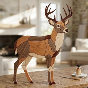 May include: A wooden deer sculpture with a segmented design in various shades of brown. The sculpture has large antlers and is standing on a wooden surface. Numbered sections are visible on the deer's body. A small bottle and knife are on the table.