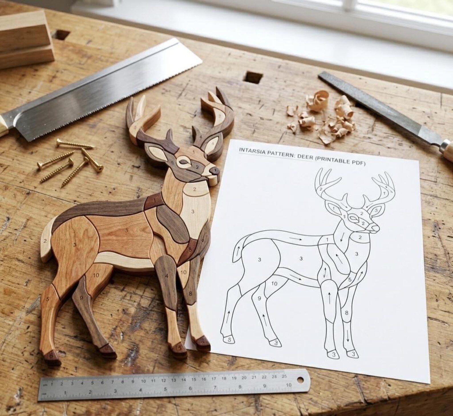 Deer Intarsia Pattern PDF – Scroll Saw Woodworking Template – Buck Wall ...