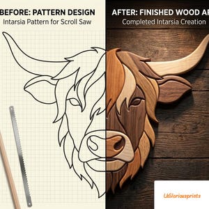 May include: A split-view image showing a black-line intarsia pattern for a scroll saw on grid paper with a pencil and blade on the left, and a finished wooden intarsia cow head art piece on a dark wood background on the right, labeled LkGloriousprints.