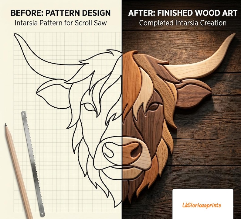 May include: A split-view image showing a black-line intarsia pattern for a scroll saw on grid paper with a pencil and blade on the left, and a finished wooden intarsia cow head art piece on a dark wood background on the right, labeled LkGloriousprints.