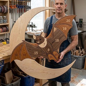 Puede incluir: Una gran pieza de arte mural de madera con forma de media luna y una figura de murciélago fijada en la parte frontal. El murciélago está compuesto por varios tonos de madera y presenta secciones numeradas del 1 al 22 con vetas visibles.