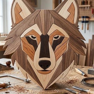 Peut inclure: Sculpture en bois représentant une tête de loup avec un design géométrique. L'œuvre utilise différentes nuances de bois brun, créant un aspect détaillé et texturé. Le visage du loup est le point central, avec ses yeux, son nez et ses oreilles clairement définis.