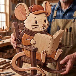 May include: A handcrafted wooden wall art piece featuring a mouse wearing a cap and scarf, sitting in a rocking chair while reading an open book. The design uses various wood tones to create depth, with a light-colored mouse and a dark-toned chair.