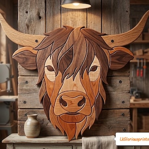 May include: A wall-mounted wooden Highland cow head sculpture crafted from various shades of natural wood grain, featuring long curved horns, a shaggy mane, and a detailed snout. The piece displays intricate joinery and text "LkGloriousprints".