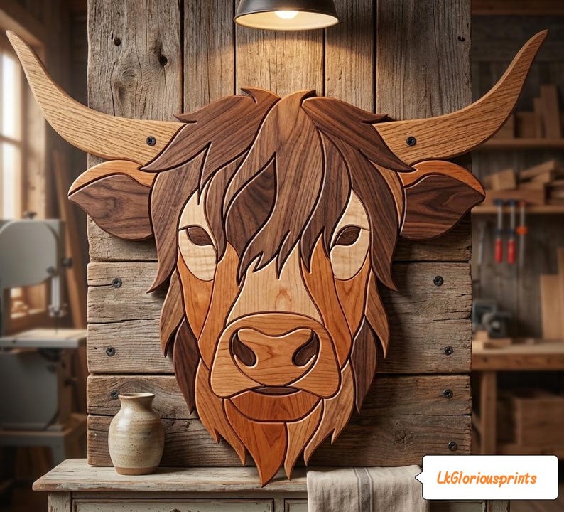 May include: A wall-mounted wooden Highland cow head sculpture crafted from various shades of natural wood grain, featuring long curved horns, a shaggy mane, and a detailed snout. The piece displays intricate joinery and text "LkGloriousprints".