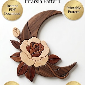 Rose Moon Intarsia Pattern PDF | Beginner Scroll Saw Pattern | Floral Crescent Moon Woodworking Template | Digital Download