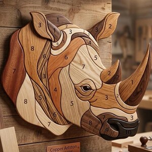 Peut inclure: Une sculpture murale en forme de tête de rhinocéros composée de pièces de bois imbriquées dans des tons naturels variés. Chaque segment individuel est marqué d'un petit chiffre noir. L'objet présente une corne saillante et un œil détaillé.