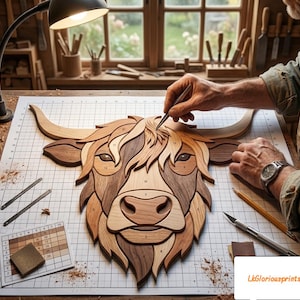 May include: A wooden Highland cow wall art piece composed of multiple interlocking segments in varying shades of brown, tan, and cream. The assembly is laid out on a white grid mat with numbered pieces, accompanied by a color-coded reference chart.