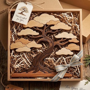 May include: A wooden bonsai tree puzzle set inside a square wooden gift box filled with shredded paper filler. The puzzle features a dark brown trunk and light tan cloud-shaped foliage pieces. A white tag reads Handcrafted for You.