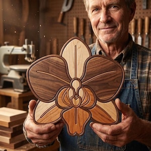 May include: A decorative wooden wall art piece shaped like an orchid flower, crafted from multiple contrasting wood tones including light maple, medium cherry, and dark walnut, featuring smooth, rounded edges and intricate inlaid segments.
