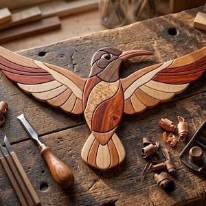 May include: A handcrafted wooden hummingbird sculpture with outstretched wings, showcasing a mosaic of various wood tones. The bird is surrounded by woodworking tools, including chisels and a plane, on a rustic wooden surface.