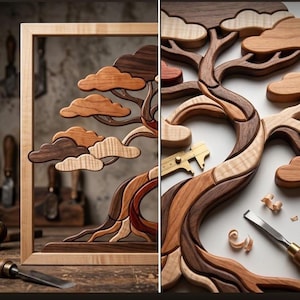 May include: A wooden wall art piece featuring a layered bonsai tree design crafted from various shades of light and dark wood. A brass caliper is positioned on the tree branches, and a metal wood chisel rests nearby on the work surface.