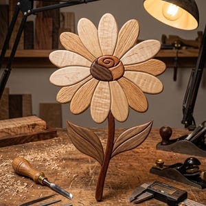 May include: A handcrafted wooden flower sculpture with a detailed design. The flower features layered petals in varying shades of light and dark wood, with a spiral center. The stem and leaves are also made of wood, showcasing the natural grain and texture.