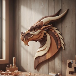 May include: A wooden dragon head wall art piece. The dragon is crafted from various shades of wood, including light tan, medium brown, and dark brown. The dragon's head is mounted on a wooden wall, showcasing the intricate details of the artwork.