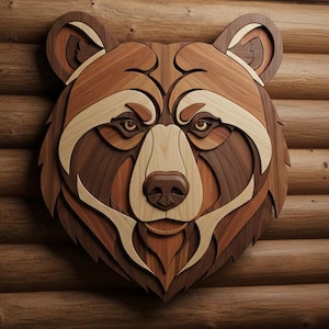 Patrón de intarsia de cabeza de oso, plantilla de carpintería con sierra de calar, plano de arte mural de vida silvestre, decoración rústica de cabaña, PDF de cabeza de oso de madera DIY