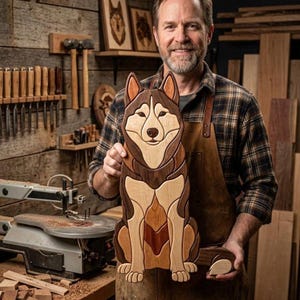 May include: A handcrafted wooden wall art piece shaped like a sitting husky dog, featuring intricate segments of light, medium, and dark-toned wood grain. The design displays the dog's facial features, pointed ears, and tail in a layered, puzzle-like style.