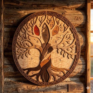 Może przedstawiać: Okrągłe drewniane dzieło sztuki ściennej z szczegółowym wzorem drzewa. Drzewo składa się z różnych rodzajów i kolorów drewna, z ponumerowanymi sekcjami i detalami liści. Na tle rustykalnej drewnianej ściany.