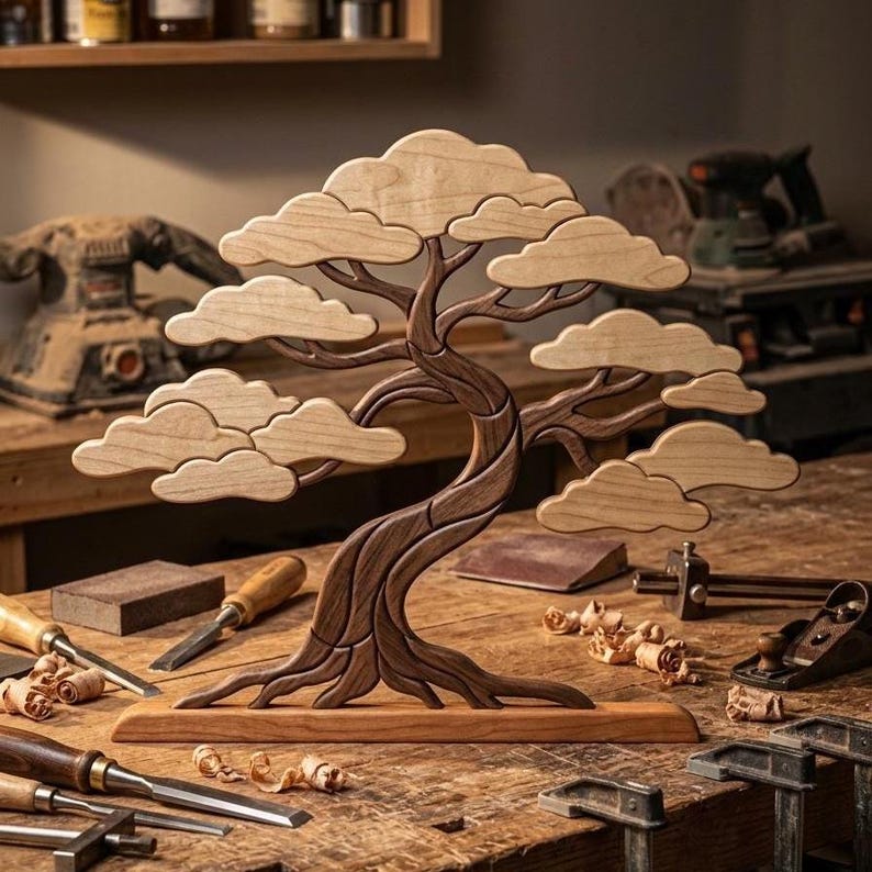 Bonsai Tree Intarsia Pattern PDF | Wooden Wall Art Design | DIY Woodworking Project | Beginner Friendly Scroll Saw Pattern | Zen Home Decor image 2