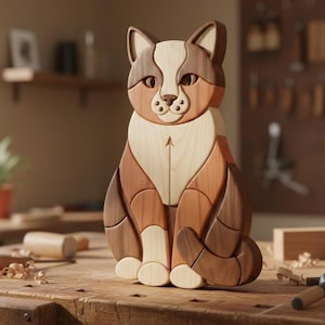 Puede incluir: Escultura de gato de madera en tonos marrón, beige y crema. El gato está sentado erguido, con la cola enrollada hacia un lado. La escultura está hecha de piezas de madera entrelazadas, mostrando las variaciones naturales de la veta y el color de la madera.