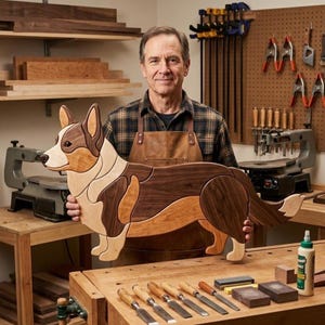 May include: A handcrafted wooden wall art piece shaped like a Corgi dog, constructed from various shades of natural wood including dark walnut and lighter cherry tones, featuring smooth, interlocking segments that form the canine silhouette.