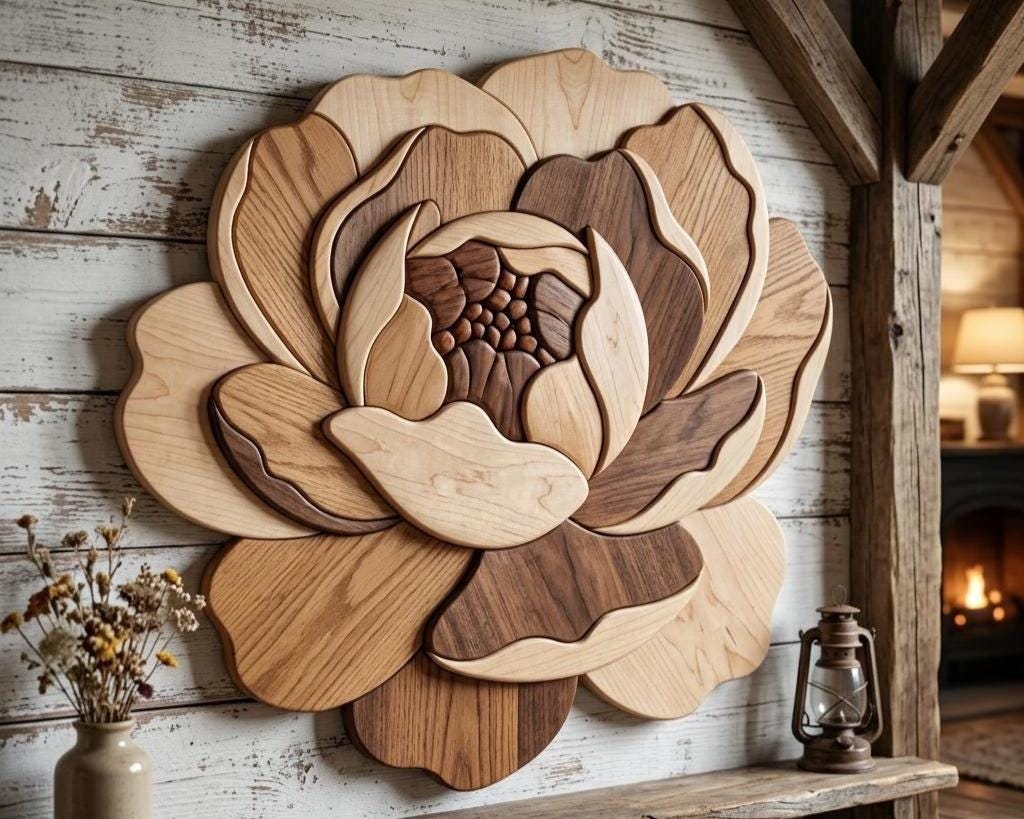 Peony Flower Intarsia Pattern PDF, Wooden Floral Wall Art Template