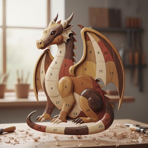 Może przedstawiać: Drewniana układanka przedstawiająca smoka z ponumerowanymi elementami w różnych odcieniach brązu. Smok ma skrzydła, rogi i długi ogon, umieszczony na drewnianej powierzchni. Układanka jest prawdopodobnie przedmiotem rzemieślniczym lub dekoracyjnym.