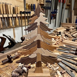 Peut inclure: Une sculpture d'arbre décorative en bois composée de pièces imbriquées dans des tons variés de bois clair, moyen et foncé. L'arbre présente un sommet pointu, des branches étagées et une base rectangulaire, se tenant droit comme un objet autonome.