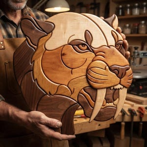 Può includere: Un'opera d'arte da parete in legno realizzata a mano che raffigura una testa di tigre dai denti a sciabola. Il design è composto da molteplici pezzi di legno a incastro in varie tonalità di marrone chiaro, medio e scuro con venature naturali.