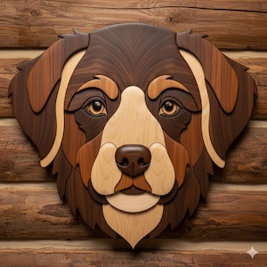 Pode incluir: Arte de parede em madeira da cabeça de um cão, feita de vários tons de madeira. A cara do cão apresenta peças de madeira castanha escura, castanha clara e creme, criando um efeito de mosaico detalhado. Os olhos são castanhos quentes e o nariz é de um tom mais escuro.