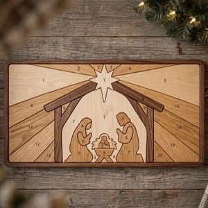 May include: Wooden nativity scene puzzle with a star and figures of Mary, Joseph, and baby Jesus. The puzzle is made of various wood tones and has numbers on each piece. The frame is a dark brown color.