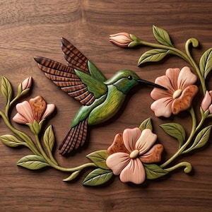 May include: A wooden wall art piece featuring a hummingbird with green and brown wings in flight, surrounded by carved pink flowers and green leaves. The intricate design is crafted from various wood tones, showcasing natural grain patterns throughout.