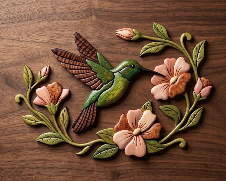 May include: A wooden wall art piece featuring a hummingbird with green and brown wings in flight, surrounded by carved pink flowers and green leaves. The intricate design is crafted from various wood tones, showcasing natural grain patterns throughout.