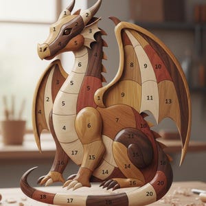 May include: A wooden dragon puzzle with numbered pieces in various shades of brown and tan. The dragon has detailed wings, horns, and a long tail. The puzzle is designed to be assembled, showcasing a unique craft project.